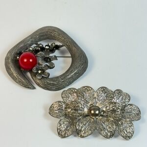 Brooch Lot Silver Tone Goth Metal and Red Accent and Intricate Filigree Brooch